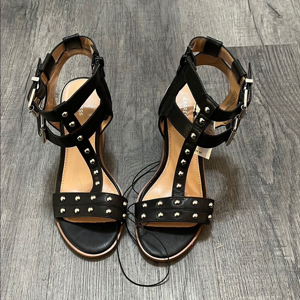 Express Black and Tan High-Heeled Sandals with Studded Straps